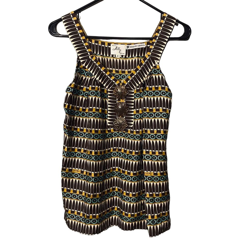 Milly X Bergdorf Goodman Brown Multicolor Sleeveless Boho Blouse Women Sz 4